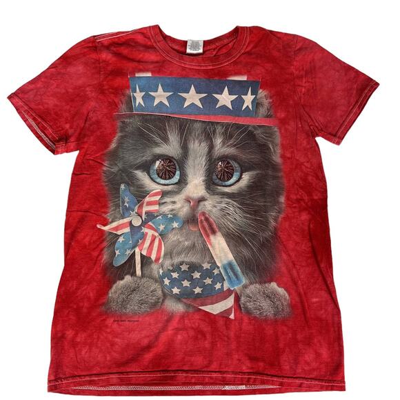 Patriotic USA Kitten Cat Subtle Tie Dye Short Sleeve Tee Shirt Crew Neck Small - Picture 2 of 10